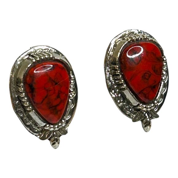 Vintage Art Arthur Pepper Clip On Earrings Faux Red Turquoise Silver Tone - Picture 3 of 6